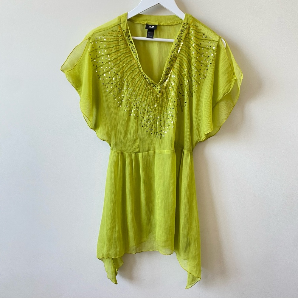 H&M Vibrant Green Sequined Sheer Tunic Women Size 4